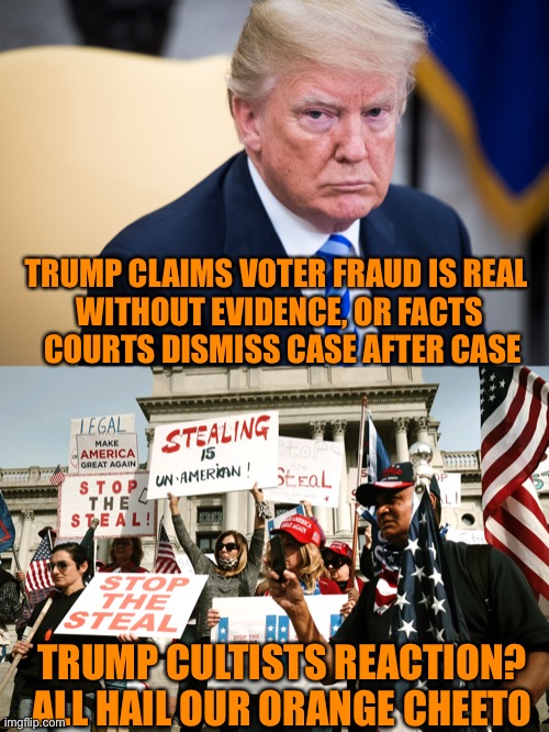 If this was happening anywhere else we would all shake our heads. Instead, the World is shaking their heads at us. | TRUMP CLAIMS VOTER FRAUD IS REAL 
WITHOUT EVIDENCE, OR FACTS
 COURTS DISMISS CASE AFTER CASE; TRUMP CULTISTS REACTION?
ALL HAIL OUR ORANGE CHEETO | image tagged in donald trump,voter fraud,election 2020,trump supporters,orange,kool aid | made w/ Imgflip meme maker