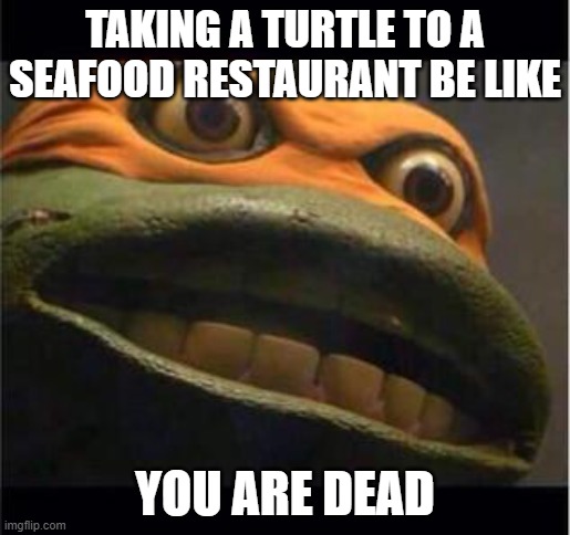 Never take a aquatic animals to the seafood restaurant | TAKING A TURTLE TO A SEAFOOD RESTAURANT BE LIKE; YOU ARE DEAD | image tagged in teen age mutant ninja turtle | made w/ Imgflip meme maker