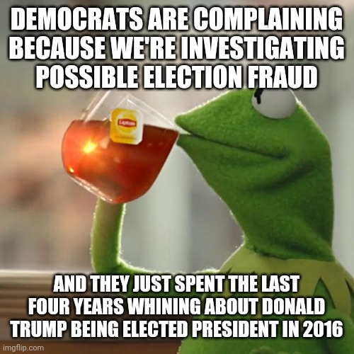 I've come to the realization that Democrats just like to whine. They're hypocrites. | DEMOCRATS ARE COMPLAINING BECAUSE WE'RE INVESTIGATING POSSIBLE ELECTION FRAUD; AND THEY JUST SPENT THE LAST FOUR YEARS WHINING ABOUT DONALD TRUMP BEING ELECTED PRESIDENT IN 2016 | image tagged in memes,but that's none of my business,kermit the frog | made w/ Imgflip meme maker