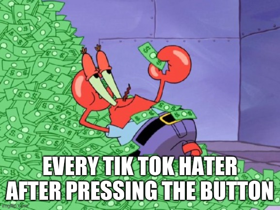 mr krabs money | EVERY TIK TOK HATER AFTER PRESSING THE BUTTON | image tagged in mr krabs money | made w/ Imgflip meme maker
