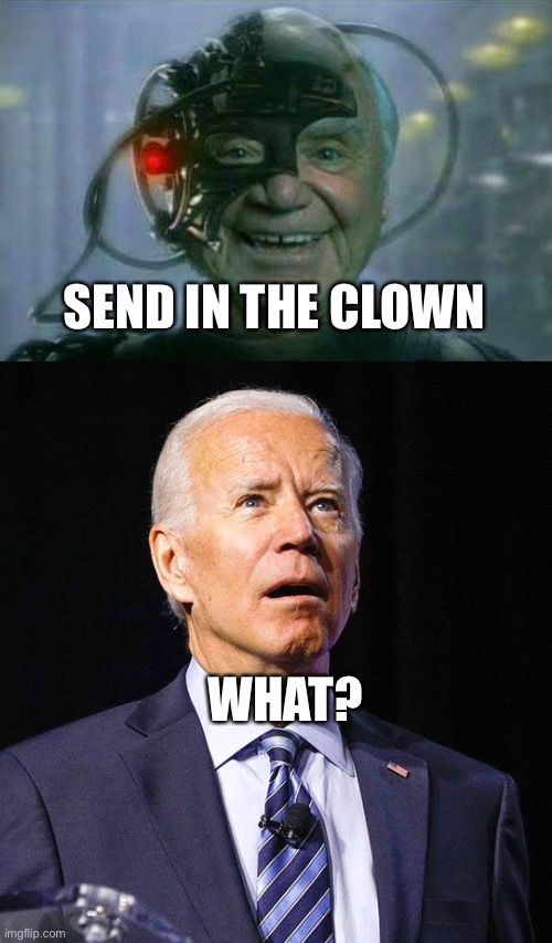 SEND IN THE CLOWN; WHAT? | image tagged in ernest borg 9,joe biden | made w/ Imgflip meme maker