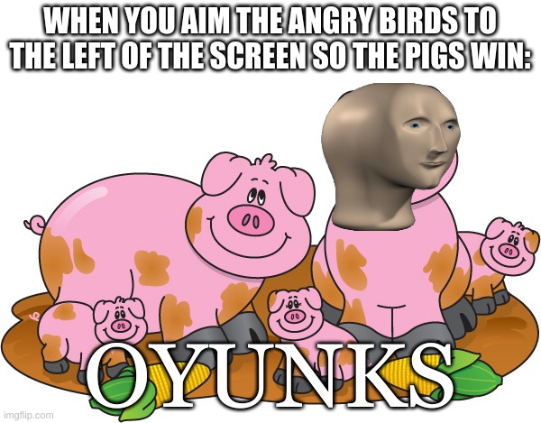 oyunks | WHEN YOU AIM THE ANGRY BIRDS TO THE LEFT OF THE SCREEN SO THE PIGS WIN:; OYUNKS | image tagged in oyunks,meme man,pig | made w/ Imgflip meme maker