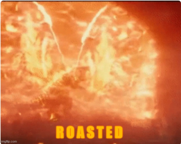 R O A S T E D | image tagged in burning godzilla attack | made w/ Imgflip meme maker