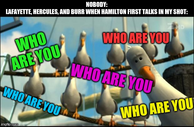 HEYYOUWHOAREYOUWHOAREYOUWHOAREYOUWHOAREYOU | NOBODY:
LAFAYETTE, HERCULES, AND BURR WHEN HAMILTON FIRST TALKS IN MY SHOT:; WHO ARE YOU; WHO ARE YOU; WHO ARE YOU; WHO ARE YOU; WHO ARE YOU | image tagged in nemo seagulls mine,funny,memes,hamilton | made w/ Imgflip meme maker