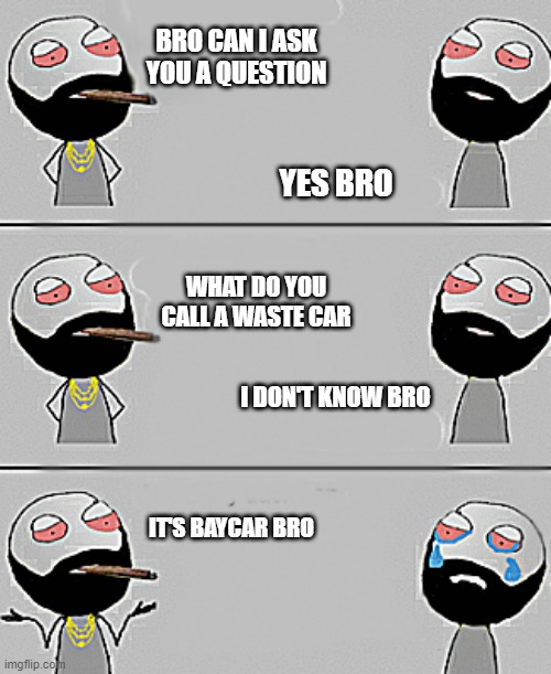 bro jokes | BRO CAN I ASK YOU A QUESTION; YES BRO; WHAT DO YOU CALL A WASTE CAR; I DON'T KNOW BRO; IT'S BAYCAR BRO | image tagged in bro jokes | made w/ Imgflip meme maker