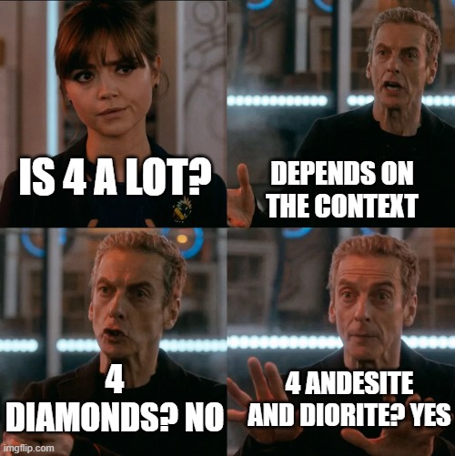 Minecraft strip mining be like | DEPENDS ON THE CONTEXT; IS 4 A LOT? 4 DIAMONDS? NO; 4 ANDESITE AND DIORITE? YES | image tagged in is 4 a lot,memes,minecraft | made w/ Imgflip meme maker