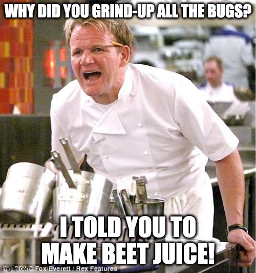 Beetle Juice Beetle Juice Beetle Juice!! | WHY DID YOU GRIND-UP ALL THE BUGS? I TOLD YOU TO MAKE BEET JUICE! | image tagged in memes,chef gordon ramsay,beetlejuice | made w/ Imgflip meme maker