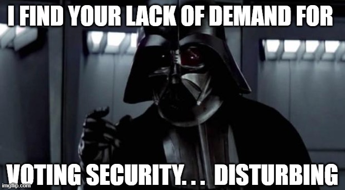 I find your lack of X disturbing | I FIND YOUR LACK OF DEMAND FOR VOTING SECURITY. . .  DISTURBING | image tagged in i find your lack of x disturbing | made w/ Imgflip meme maker