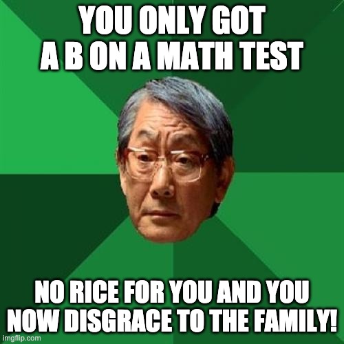 Disgrace | YOU ONLY GOT A B ON A MATH TEST; NO RICE FOR YOU AND YOU NOW DISGRACE TO THE FAMILY! | image tagged in memes,high expectations asian father | made w/ Imgflip meme maker