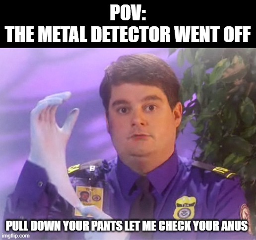 TSA Douche Meme |  POV:
THE METAL DETECTOR WENT OFF; PULL DOWN YOUR PANTS LET ME CHECK YOUR ANUS | image tagged in memes,tsa douche | made w/ Imgflip meme maker