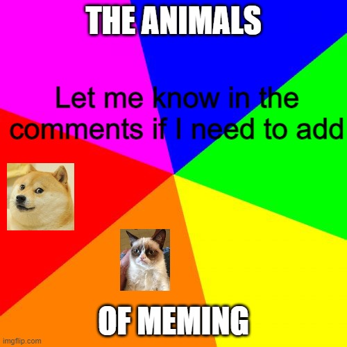 t h e    a n i m a l s    o f    m e m i n g | THE ANIMALS; Let me know in the comments if I need to add; OF MEMING | image tagged in memes,blank colored background | made w/ Imgflip meme maker