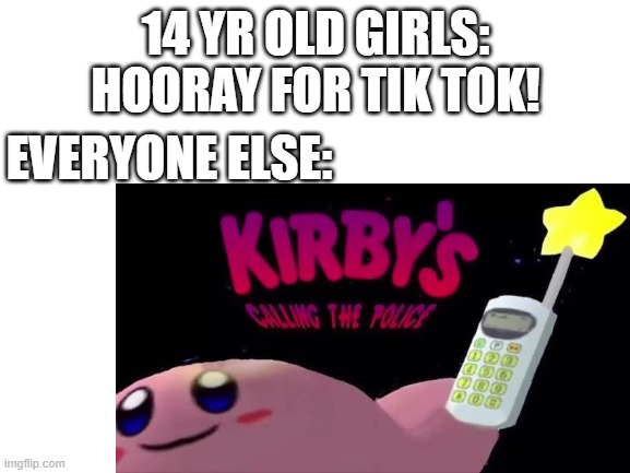 Kirby good | 14 YR OLD GIRLS: HOORAY FOR TIK TOK! EVERYONE ELSE: | image tagged in kirby's calling the police,kirby | made w/ Imgflip meme maker