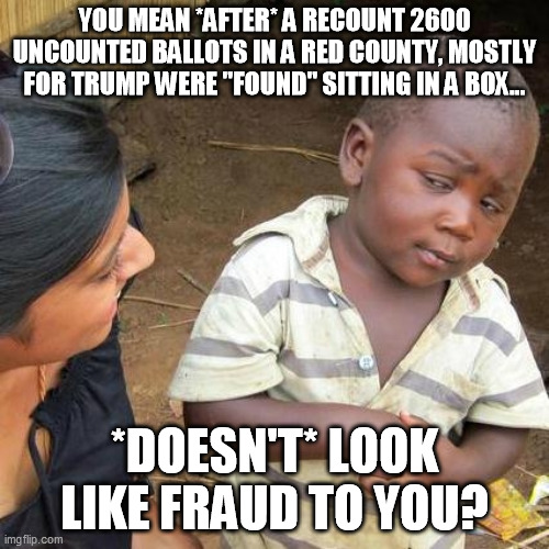 The real fraud is the Trump Fraud. | YOU MEAN *AFTER* A RECOUNT 2600 UNCOUNTED BALLOTS IN A RED COUNTY, MOSTLY FOR TRUMP WERE "FOUND" SITTING IN A BOX... *DOESN'T* LOOK LIKE FRAUD TO YOU? | image tagged in memes,third world skeptical kid,voter fraud | made w/ Imgflip meme maker