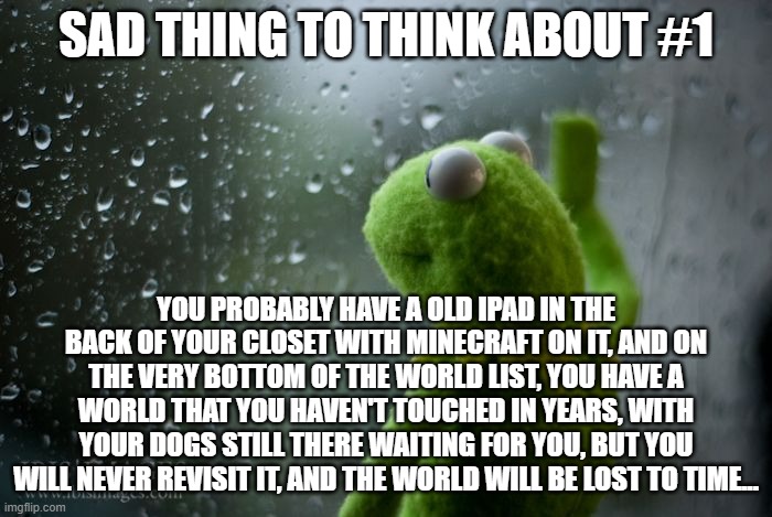 sad thing #1 | SAD THING TO THINK ABOUT #1; YOU PROBABLY HAVE A OLD IPAD IN THE BACK OF YOUR CLOSET WITH MINECRAFT ON IT, AND ON THE VERY BOTTOM OF THE WORLD LIST, YOU HAVE A WORLD THAT YOU HAVEN'T TOUCHED IN YEARS, WITH YOUR DOGS STILL THERE WAITING FOR YOU, BUT YOU WILL NEVER REVISIT IT, AND THE WORLD WILL BE LOST TO TIME... | image tagged in kermit window | made w/ Imgflip meme maker