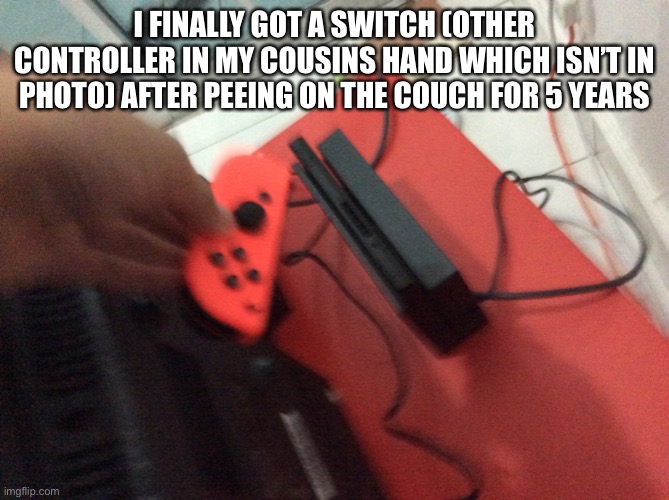 Don’t worry it’s a joke (about the peeing part) | I FINALLY GOT A SWITCH (OTHER CONTROLLER IN MY COUSINS HAND WHICH ISN’T IN PHOTO) AFTER PEEING ON THE COUCH FOR 5 YEARS | image tagged in pee,mario,nintendo switch,memes,luigi,princess peach | made w/ Imgflip meme maker