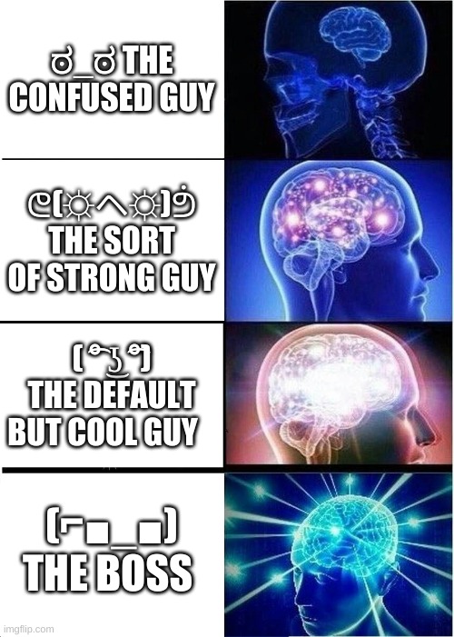 Expanding Brain Meme | ಠ_ಠ THE CONFUSED GUY; ᕦ(☼ヘ☼)ᕥ THE SORT OF STRONG GUY; ( ͡° ͜ʖ ͡°) THE DEFAULT BUT COOL GUY; (⌐■_■) THE BOSS | image tagged in memes,expanding brain | made w/ Imgflip meme maker