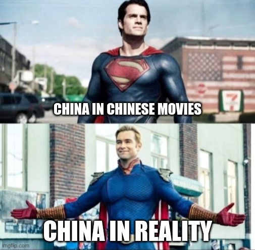 Winnie The Pooh will be angry at this! | CHINA IN CHINESE MOVIES; CHINA IN REALITY | image tagged in super perspective | made w/ Imgflip meme maker