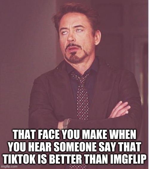 Face You Make Robert Downey Jr | THAT FACE YOU MAKE WHEN YOU HEAR SOMEONE SAY THAT TIKTOK IS BETTER THAN IMGFLIP | image tagged in memes,face you make robert downey jr | made w/ Imgflip meme maker