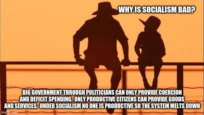 Cowboy wisdom on why socialism fails | WHY IS SOCIALISM BAD? BIG GOVERNMENT THROUGH POLITICIANS CAN ONLY PROVIDE COERCION AND DEFICIT SPENDING.  ONLY PRODUCTIVE CITIZENS CAN PROVIDE GOODS AND SERVICES.  UNDER SOCIALISM NO ONE IS PRODUCTIVE SO THE SYSTEM MELTS DOWN | image tagged in cowboy father and son,cowboy wisdom,socialism fails,limit government,only babies need nannies,reset yourself | made w/ Imgflip meme maker