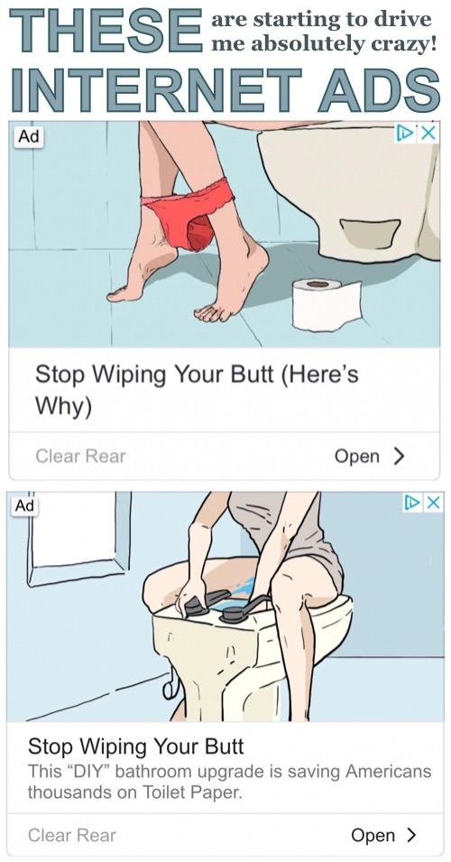 I keep getting the same ads over-and-over again. Annoying! | THESE INTERNET ADS; are starting to drive
me absolutely crazy! | image tagged in funny memes,toilet humor,ads,annoying | made w/ Imgflip meme maker