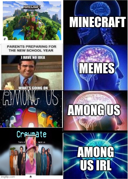 play with granny | MINECRAFT; MEMES; AMONG US; AMONG US IRL | image tagged in memes,expanding brain | made w/ Imgflip meme maker