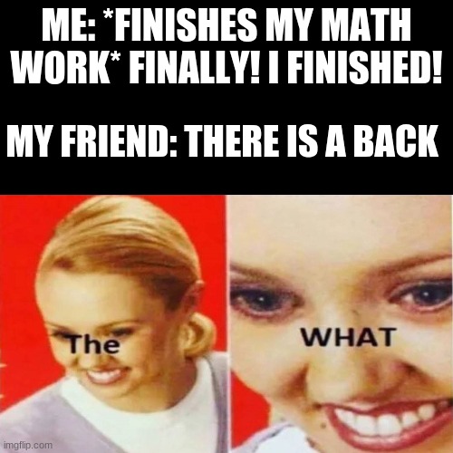 The What | ME: *FINISHES MY MATH WORK* FINALLY! I FINISHED! MY FRIEND: THERE IS A BACK | image tagged in the what | made w/ Imgflip meme maker