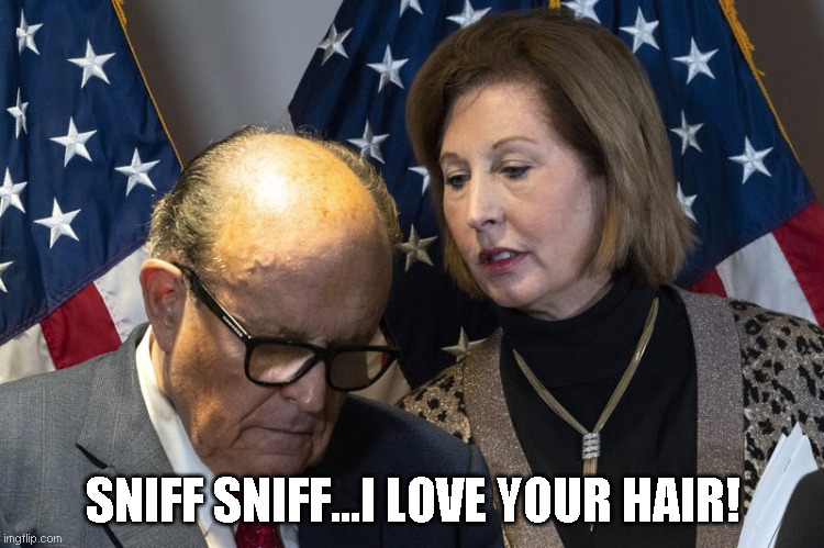Now *THIS* is creepy. | SNIFF SNIFF...I LOVE YOUR HAIR! | image tagged in trump,guiliani,sidney powell | made w/ Imgflip meme maker