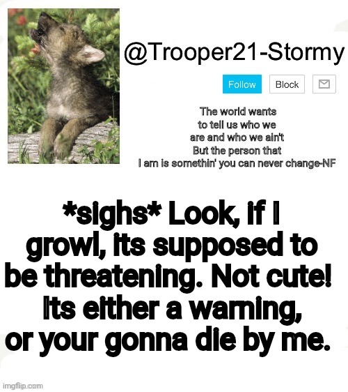 Mainly Ill destroy you. | *sighs* Look, if I growl, its supposed to be threatening. Not cute! 
Its either a warning, or your gonna die by me. | image tagged in t21-stormy | made w/ Imgflip meme maker