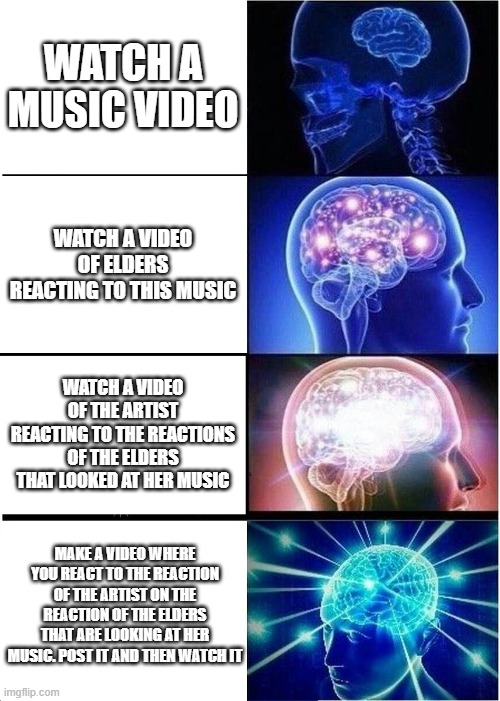 Expanding brain video reaction | WATCH A MUSIC VIDEO; WATCH A VIDEO OF ELDERS REACTING TO THIS MUSIC; WATCH A VIDEO OF THE ARTIST REACTING TO THE REACTIONS OF THE ELDERS THAT LOOKED AT HER MUSIC; MAKE A VIDEO WHERE YOU REACT TO THE REACTION OF THE ARTIST ON THE REACTION OF THE ELDERS THAT ARE LOOKING AT HER MUSIC. POST IT AND THEN WATCH IT | image tagged in memes,expanding brain | made w/ Imgflip meme maker