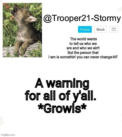 T21-Stormy | A warning for all of y'all. 
*Growls* | image tagged in t21-stormy | made w/ Imgflip meme maker