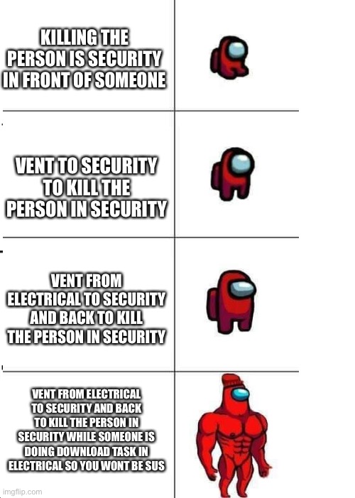 B | KILLING THE PERSON IS SECURITY IN FRONT OF SOMEONE; VENT TO SECURITY TO KILL THE PERSON IN SECURITY; VENT FROM ELECTRICAL TO SECURITY AND BACK TO KILL THE PERSON IN SECURITY; VENT FROM ELECTRICAL TO SECURITY AND BACK TO KILL THE PERSON IN SECURITY WHILE SOMEONE IS DOING DOWNLOAD TASK IN ELECTRICAL SO YOU WONT BE SUS | image tagged in among us | made w/ Imgflip meme maker