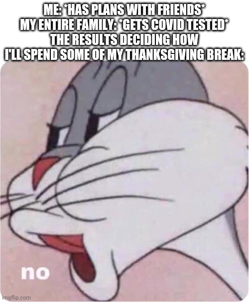 Well that sucks... | ME: *HAS PLANS WITH FRIENDS*
MY ENTIRE FAMILY: *GETS COVID TESTED*
THE RESULTS DECIDING HOW I'LL SPEND SOME OF MY THANKSGIVING BREAK: | image tagged in bugs bunny no | made w/ Imgflip meme maker