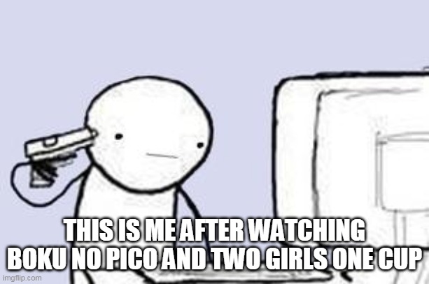 i hate those | THIS IS ME AFTER WATCHING BOKU NO PICO AND TWO GIRLS ONE CUP | image tagged in computer suicide,memes,funny,hentai_haters,porn | made w/ Imgflip meme maker