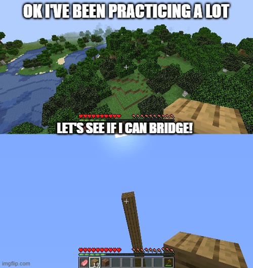 I should practice some more | OK I'VE BEEN PRACTICING A LOT; LET'S SEE IF I CAN BRIDGE! | image tagged in memes,minecraft | made w/ Imgflip meme maker
