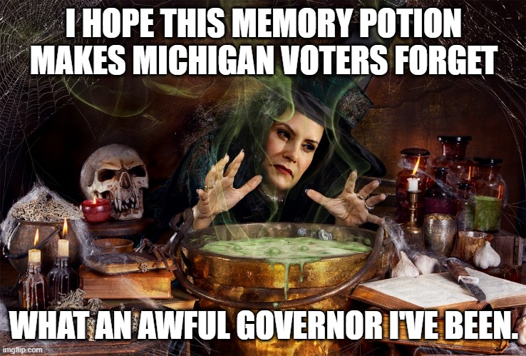 Memory Potion! | I HOPE THIS MEMORY POTION
MAKES MICHIGAN VOTERS FORGET; WHAT AN AWFUL GOVERNOR I'VE BEEN. | image tagged in gretchen whitmer,michigan,lockdown,covid,governor,potion | made w/ Imgflip meme maker