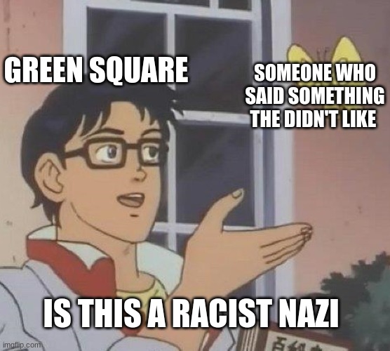 Is This A Pigeon Meme | GREEN SQUARE; SOMEONE WHO SAID SOMETHING THE DIDN'T LIKE; IS THIS A RACIST NAZI | image tagged in memes,is this a pigeon | made w/ Imgflip meme maker
