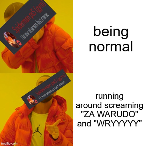 Drake Hotline Bling Meme | being normal; running around screaming "ZA WARUDO" and "WRYYYYY" | image tagged in memes,drake hotline bling | made w/ Imgflip meme maker