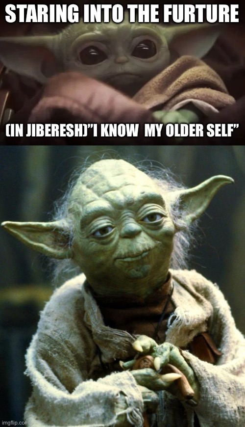 Future | STARING INTO THE FURTURE; (IN JIBERESH)”I KNOW  MY OLDER SELF” | image tagged in baby yoda,memes,star wars yoda | made w/ Imgflip meme maker