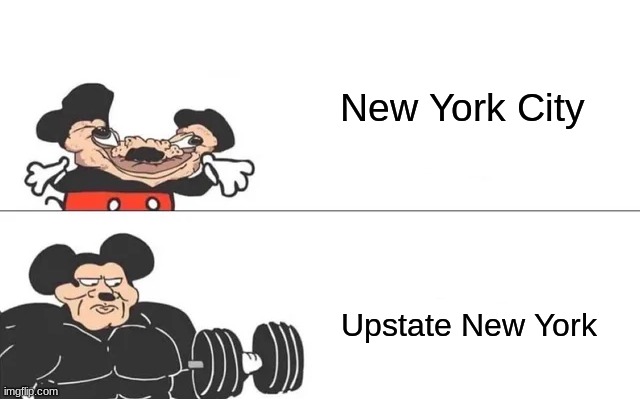 NYC vs Upstate | New York City; Upstate New York | image tagged in mickey mouse drake,upstate,nyc | made w/ Imgflip meme maker