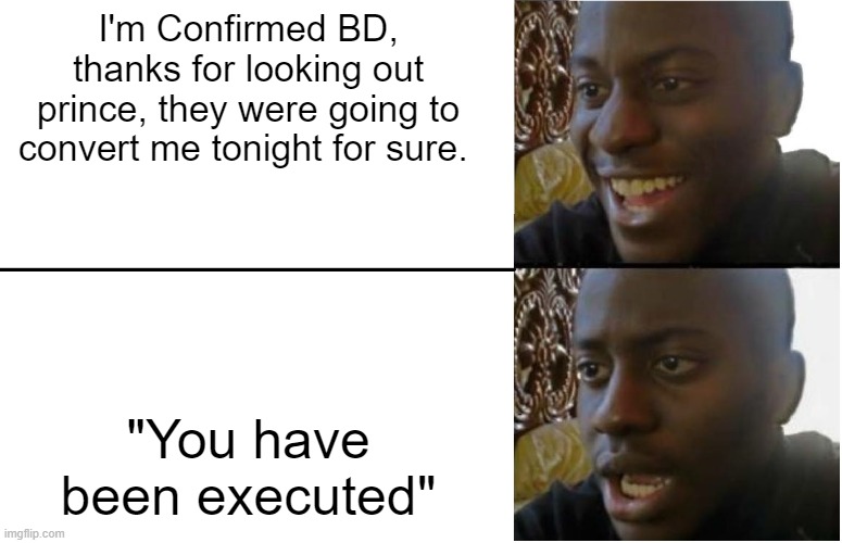 Disappointed Black Guy | I'm Confirmed BD, thanks for looking out prince, they were going to convert me tonight for sure. "You have been executed" | image tagged in disappointed black guy | made w/ Imgflip meme maker