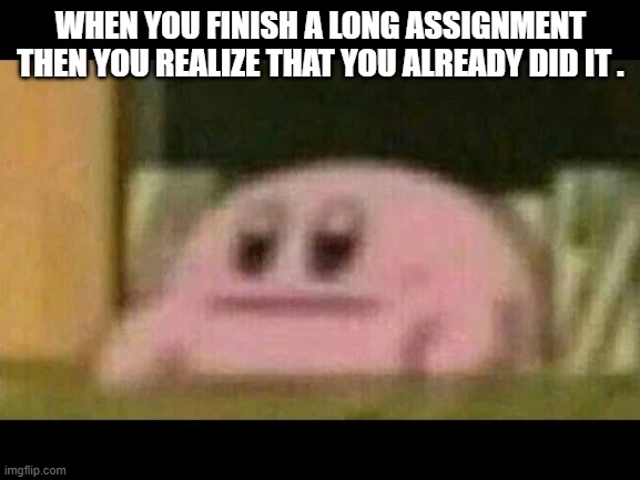 Kirby derp-face  | WHEN YOU FINISH A LONG ASSIGNMENT THEN YOU REALIZE THAT YOU ALREADY DID IT . | image tagged in kirby derp-face | made w/ Imgflip meme maker
