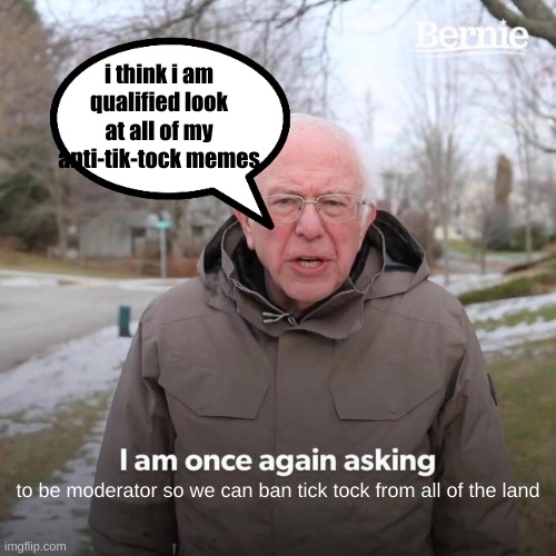 Bernie I Am Once Again Asking For Your Support | i think i am qualified look at all of my anti-tik-tock memes; to be moderator so we can ban tick tock from all of the land | image tagged in memes,bernie i am once again asking for your support | made w/ Imgflip meme maker