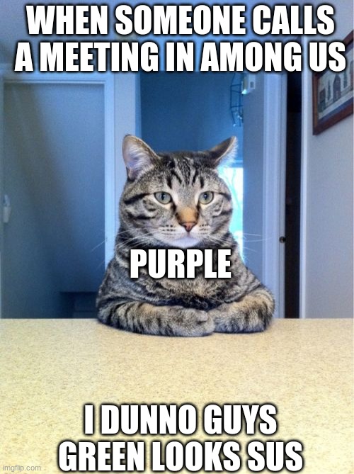 Take A Seat Cat | WHEN SOMEONE CALLS A MEETING IN AMONG US; PURPLE; I DUNNO GUYS GREEN LOOKS SUS | image tagged in memes,take a seat cat | made w/ Imgflip meme maker