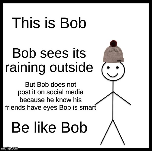 Be Like Bill Meme | This is Bob; Bob sees its raining outside; But Bob does not post it on social media because he know his friends have eyes Bob is smart; Be like Bob | image tagged in memes,be like bill | made w/ Imgflip meme maker