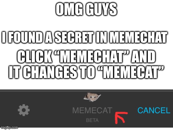 I found a secret XD |  OMG GUYS; I FOUND A SECRET IN MEMECHAT; CLICK “MEMECHAT” AND IT CHANGES TO “MEMECAT” | image tagged in blank white template,memechat,memes,cats,chat,secret | made w/ Imgflip meme maker
