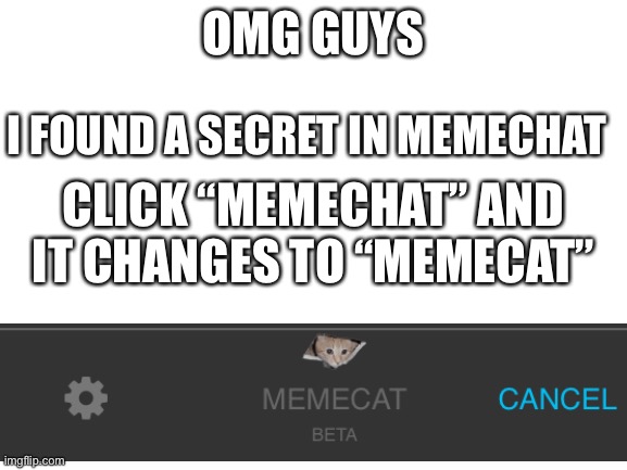 SECRET  F O U N D | OMG GUYS; I FOUND A SECRET IN MEMECHAT; CLICK “MEMECHAT” AND IT CHANGES TO “MEMECAT” | image tagged in blank white template,memechat,chat,cat,memes,secret | made w/ Imgflip meme maker