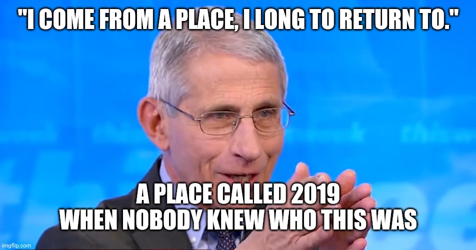 Dr. Fauci 2020 | "I COME FROM A PLACE, I LONG TO RETURN TO."; A PLACE CALLED 2019 WHEN NOBODY KNEW WHO THIS WAS | image tagged in dr fauci 2020 | made w/ Imgflip meme maker