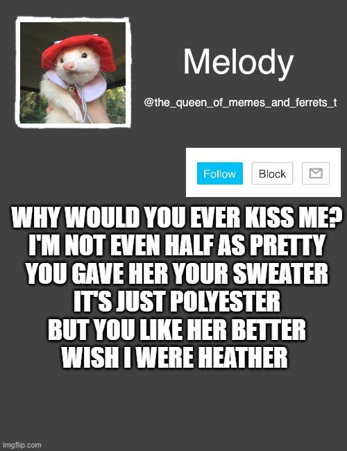 my new template | WHY WOULD YOU EVER KISS ME?
I'M NOT EVEN HALF AS PRETTY
YOU GAVE HER YOUR SWEATER
IT'S JUST POLYESTER
BUT YOU LIKE HER BETTER
WISH I WERE HEATHER | image tagged in my new template | made w/ Imgflip meme maker