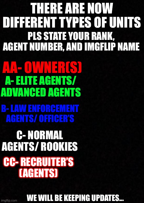 There are now units, Pls state your Rank, Agent number, Imgflip name. We will be putting you in different units | THERE ARE NOW DIFFERENT TYPES OF UNITS; PLS STATE YOUR RANK, AGENT NUMBER, AND IMGFLIP NAME; AA- OWNER(S); A- ELITE AGENTS/ ADVANCED AGENTS; B- LAW ENFORCEMENT AGENTS/ OFFICER’S; C- NORMAL AGENTS/ ROOKIES; CC- RECRUITER’S (AGENTS); WE WILL BE KEEPING UPDATES... | image tagged in blank | made w/ Imgflip meme maker
