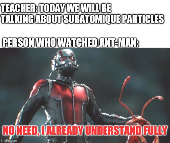 nobody watched this movie tho | TEACHER: TODAY WE WILL BE TALKING ABOUT SUBATOMIQUE PARTICLES; PERSON WHO WATCHED ANT-MAN:; NO NEED, I ALREADY UNDERSTAND FULLY | image tagged in ant man | made w/ Imgflip meme maker